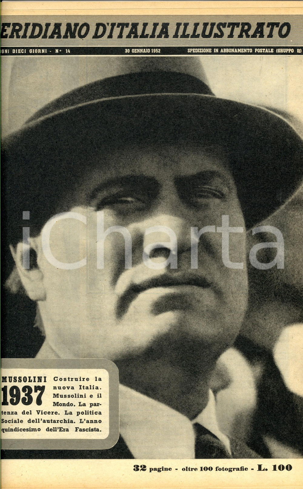 Giornale, rivista storica 1952 MERIDIANO D ITALIA ILLUSTRATO Inserto Mussolini 1937 Anno II n° 14 1