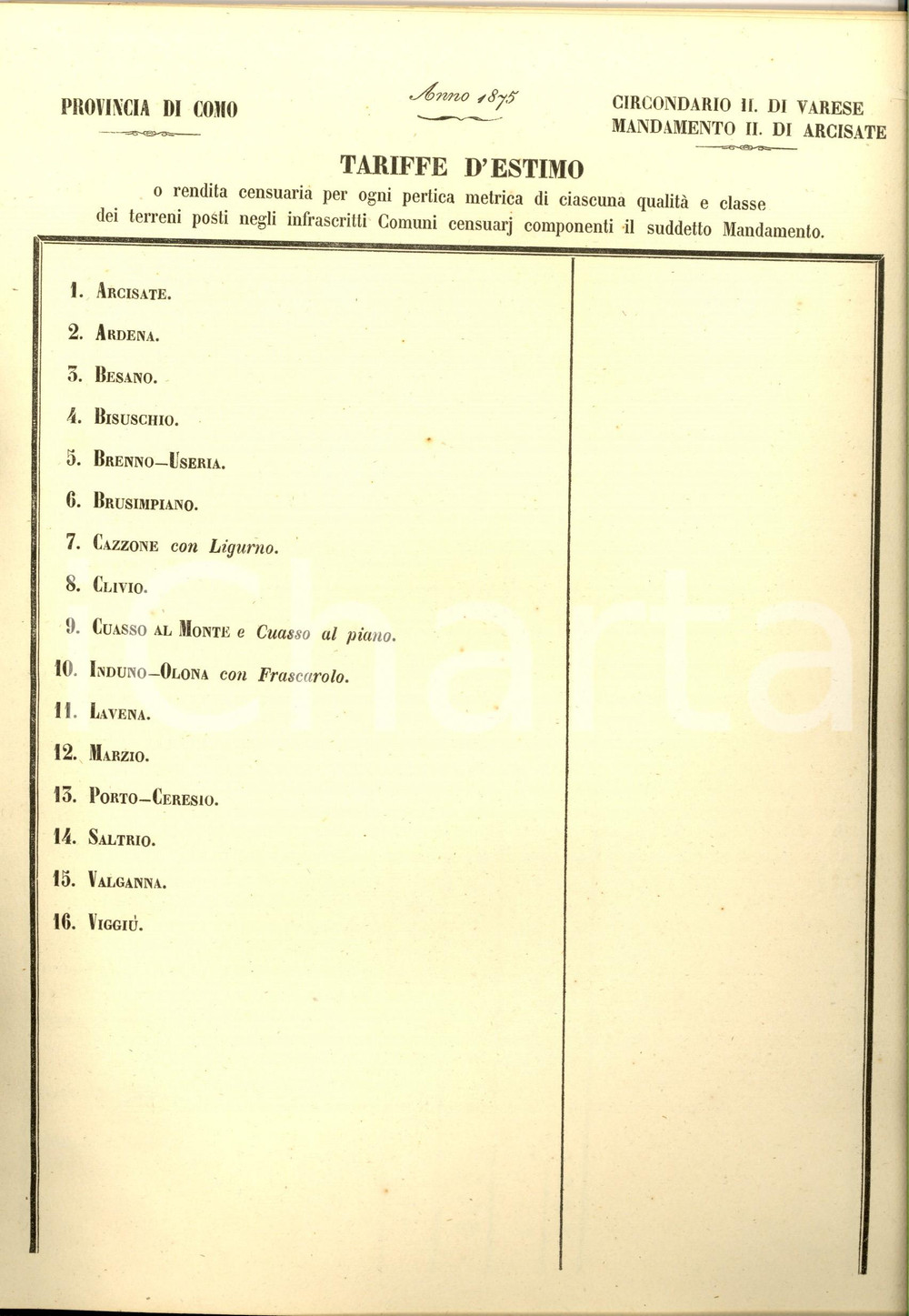Documento originale, autentico 1875 Mandamento di ARCISATE VA Registro per tariffa estimo dei comuni 16 pp. 1