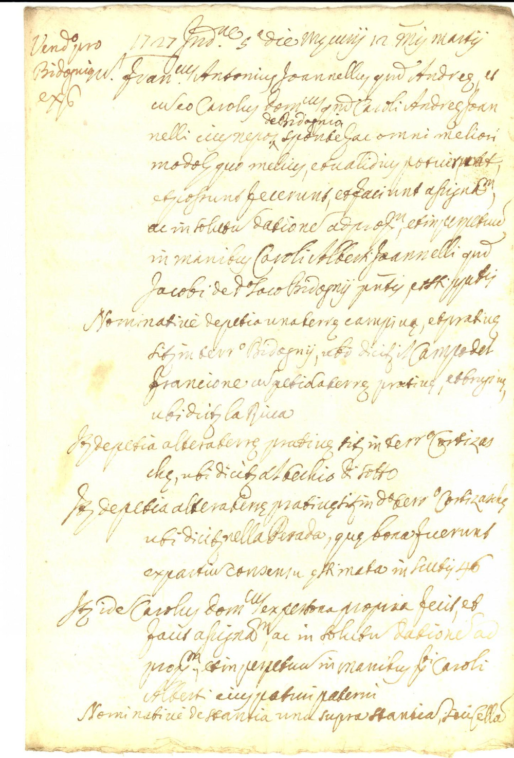 Documento originale, autentico 1727 BIDOGNO SVIZZERA Francesco Antonio GIOVANNELLI vende campo del FRANCIONE 1