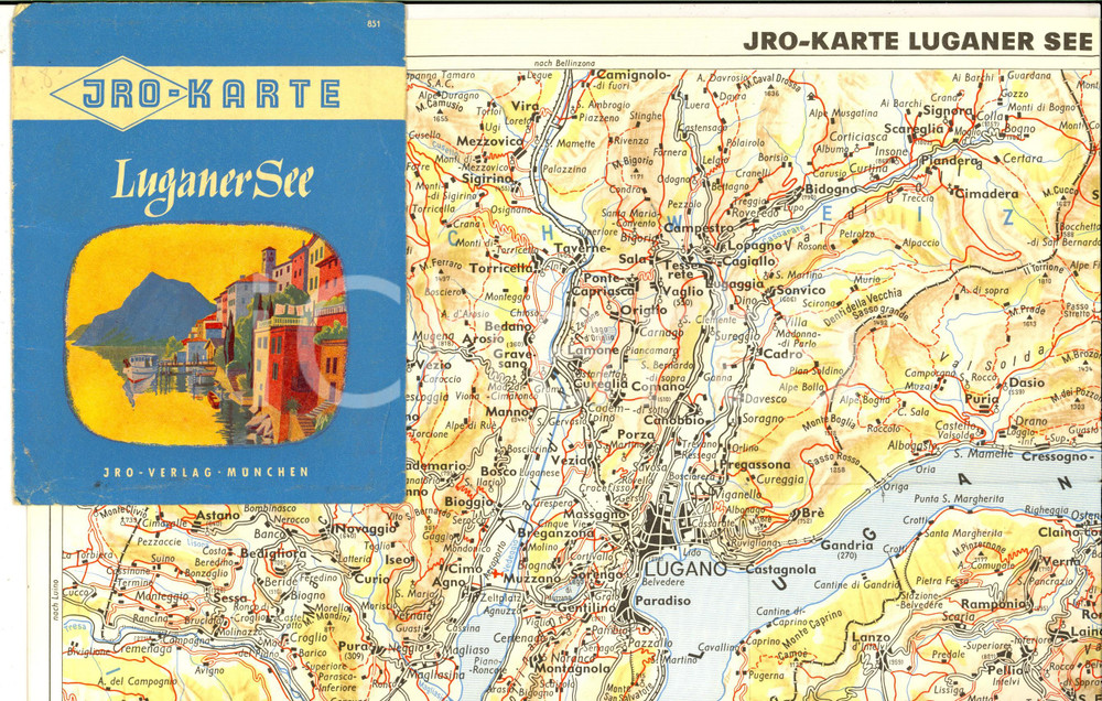 Materiale pubblicitario d’epoca 1960 ca JRO Karte LUGANER SEE/ Mappa lago di Lugano TURISMO VINTAGE 1