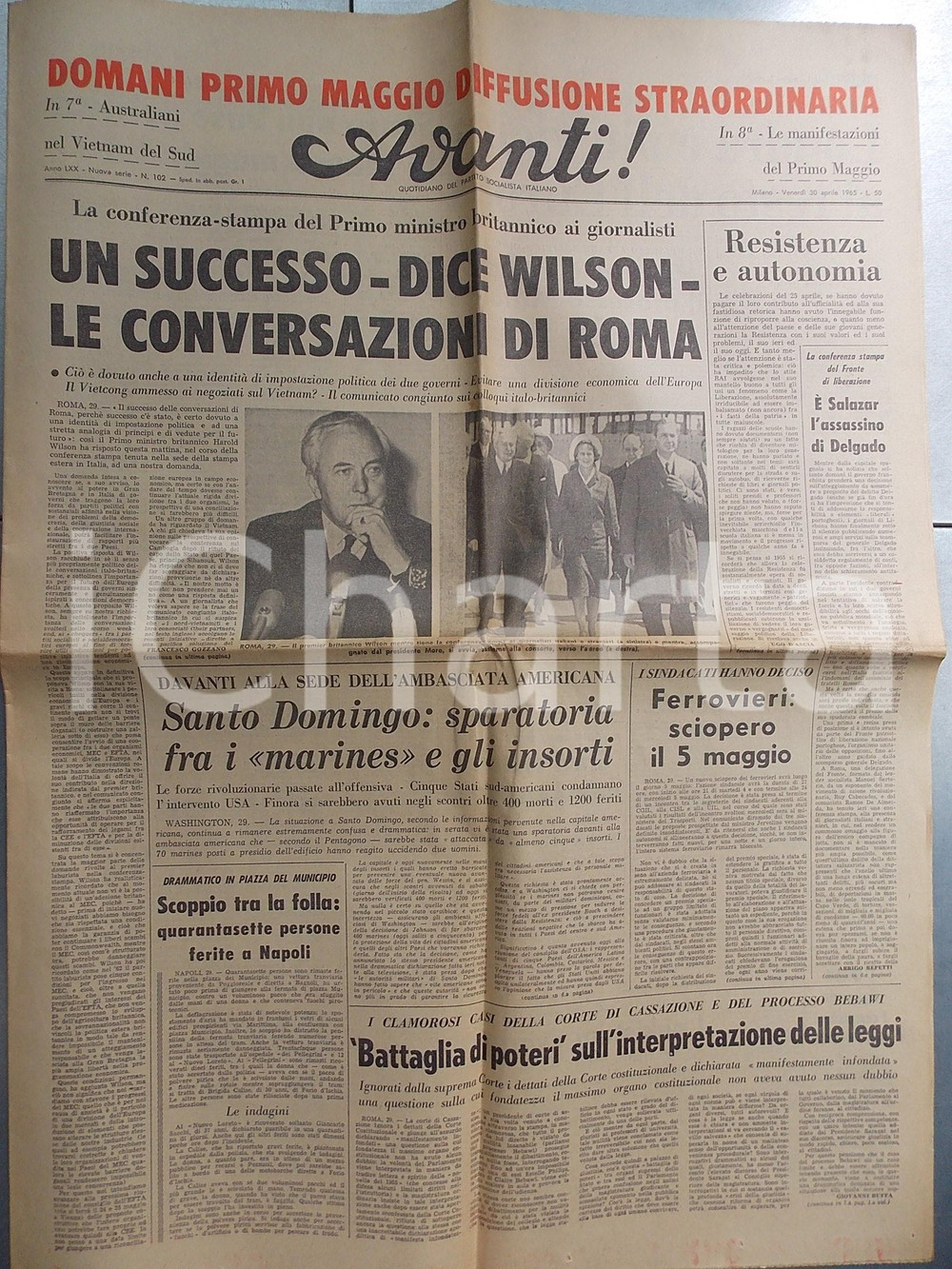 Giornale, rivista storica 1965 AVANTI! Harold WILSON sulle conversazioni di Roma Quotidiano LXX n° 102 1