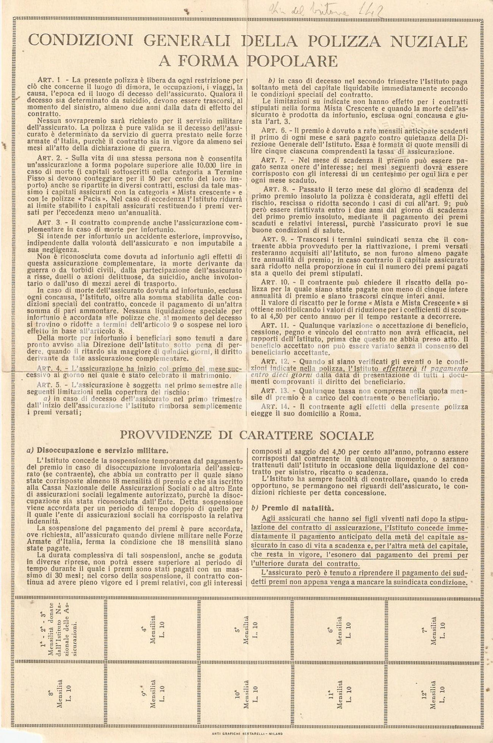 Documento originale, autentico 1935 ROMA ISTITUTO NAZIONALE ASSICURAZIONI Polizza nuziale Carlo BONETTI 1