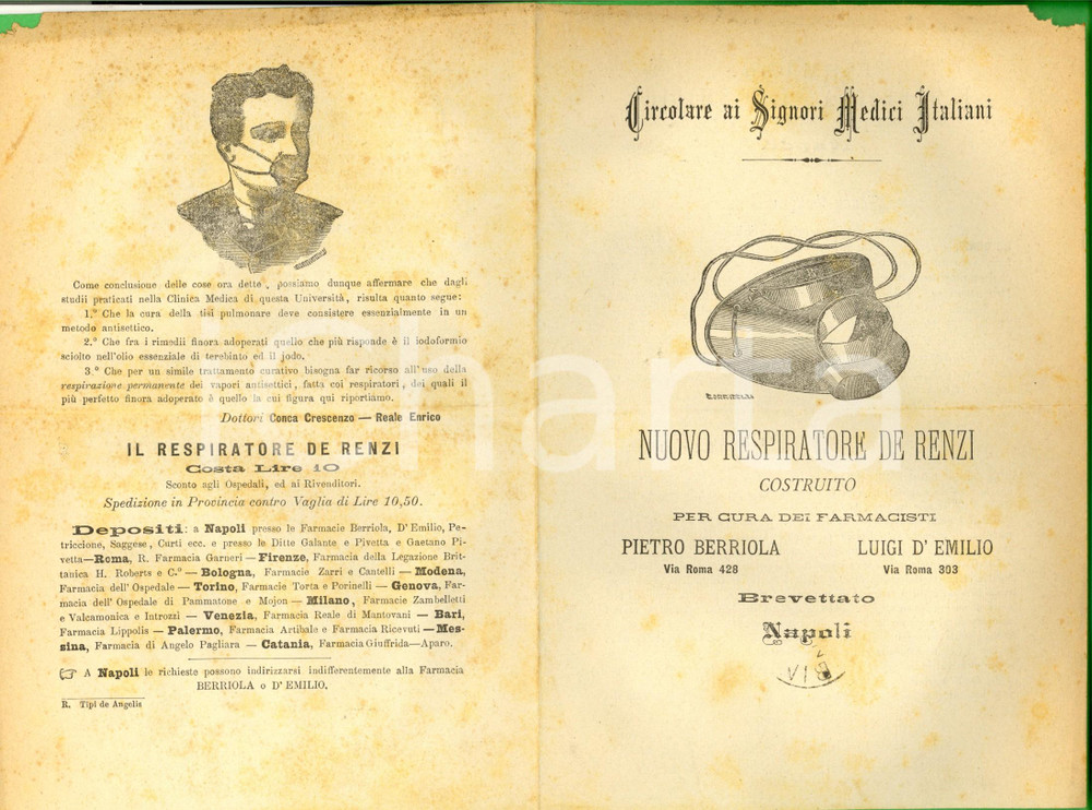 Documento originale, autentico 1880 ca NAPOLI Nuovo respiratore DE RENZI  Farmacisti BERRIOLA e D EMILIO 1