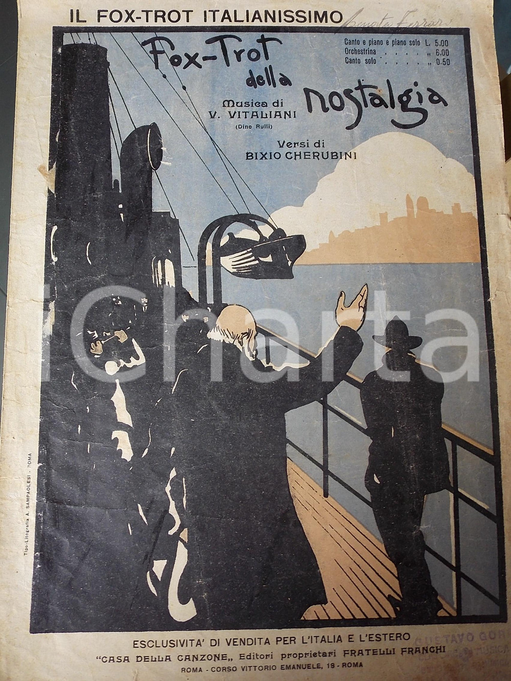 Oggetto da collezione cartaceo 1923 CHERUBINI  BIXIO  VITALIANI Foxtrot della nostalgia Spartito FRANCHI 1
