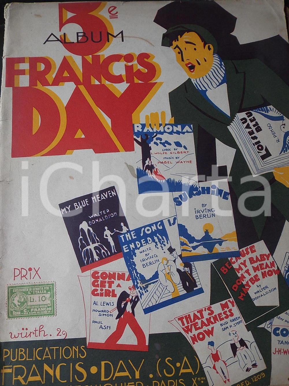 Oggetto da collezione cartaceo 1927 5° Album FRANCIS DAY per piano  20 spartiti DANNEGGIATO 44 pp. 1