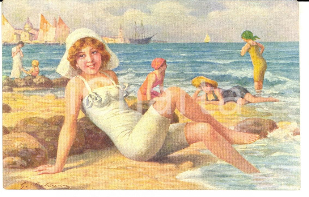 Cartolina originale da collezione 1920 ca COSTUMI Giovane donna al bagno Cartolina ill. CALDERINI FP NV 1