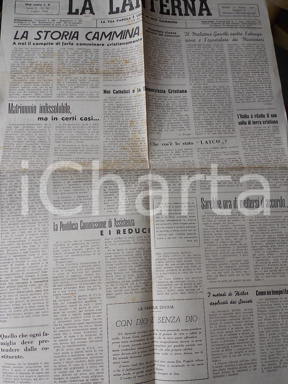 Giornale, rivista storica 1946 LA LANTERNA Pontificia Commissione di Assistenza pro Reduci Anno II nÂ° 28 1