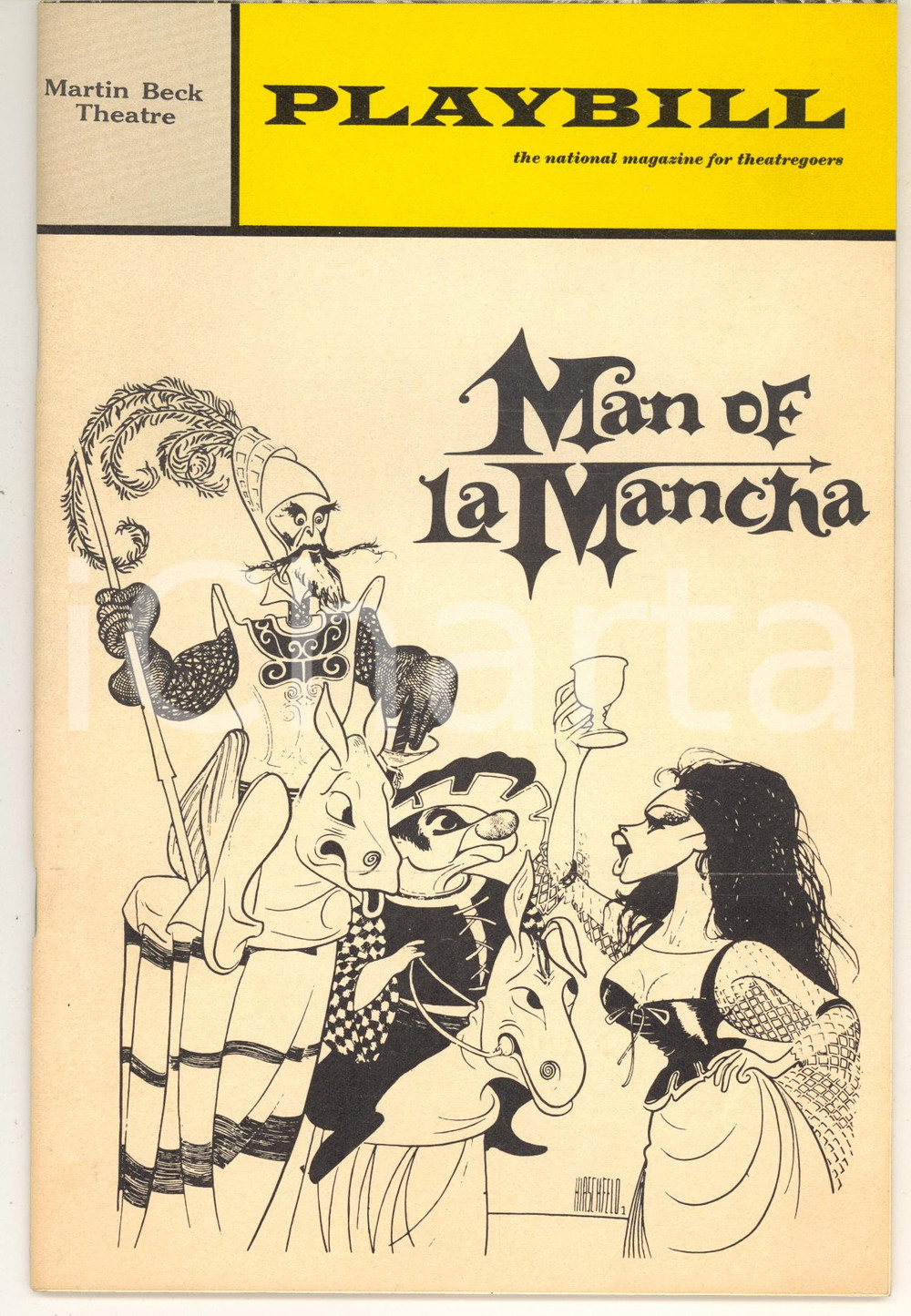 Materiale pubblicitario d’epoca 1968 PLAYBILL  MARTIN BECK THEATRE Man of LA MANCHA illustrated 1