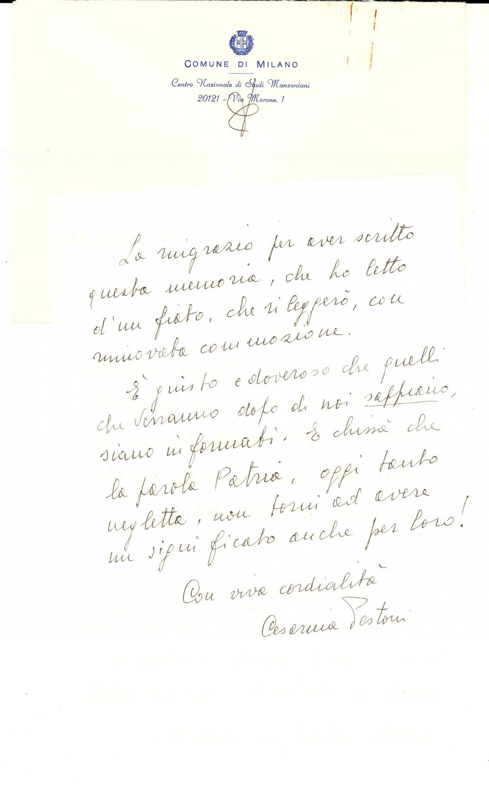 Autografo originale 1975 MILANO Centro Studi Manzoniani  Ringraziamenti Cesarina PESTONI AUTOGRAFO 1