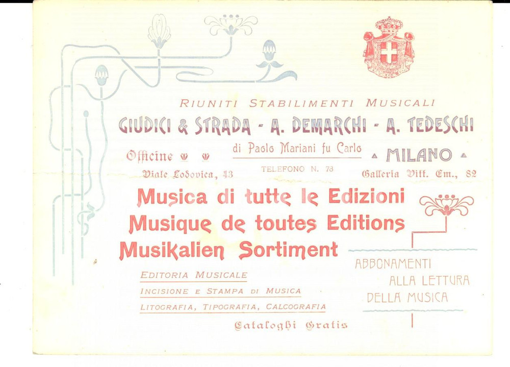 Cartolina originale da collezione 1904 MILANO Stabilimenti Musicali GIUDICI & STRADA DEMARCHI TEDESCHI Cartoncino 1