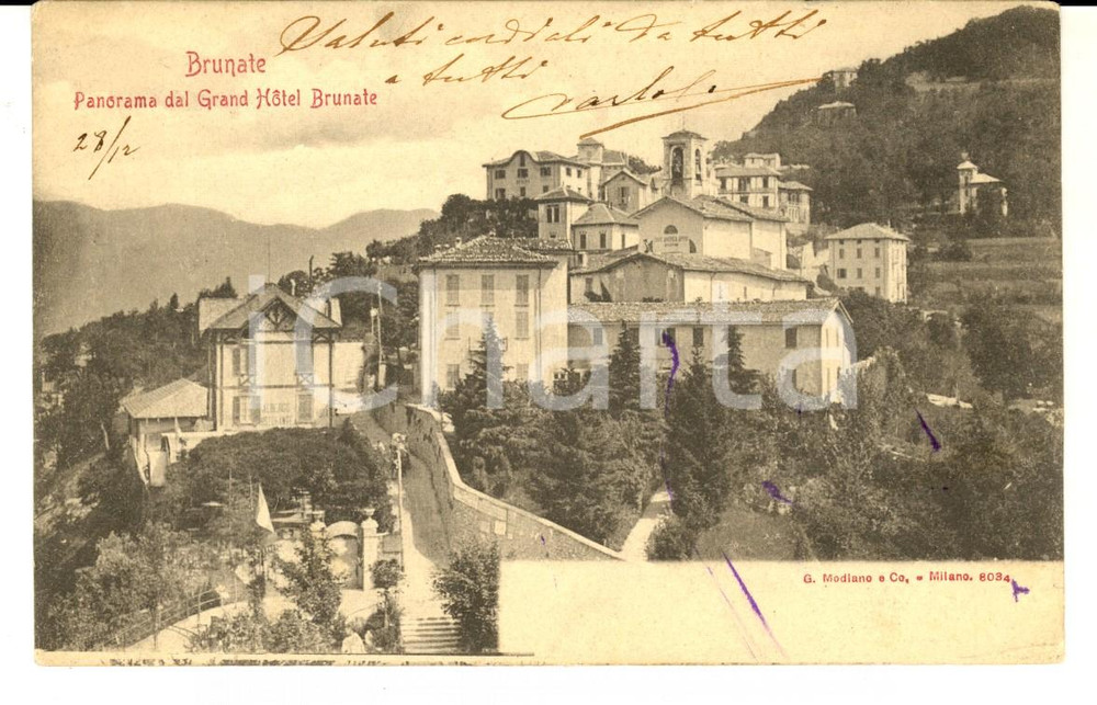 Cartolina originale da collezione 1900 ca BRUNATE CO Panorama dal Grand Hotel Cartolina messaggio nascosto 1