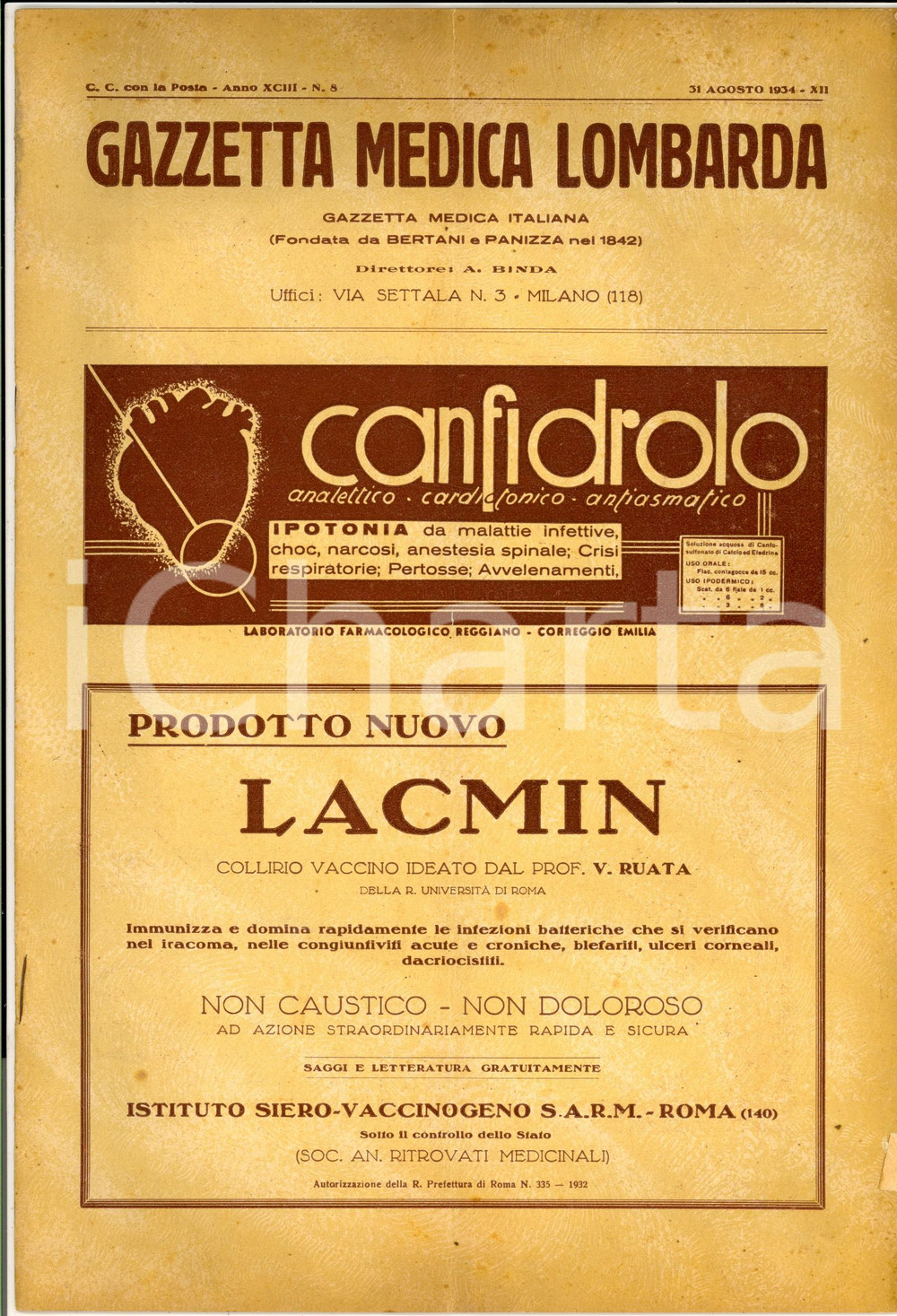 Giornale, rivista storica 1934 GAZZETTA MEDICA LOMBARDA Terapia bromica per tubercolosi Anno XCIII nÂ° 8 1