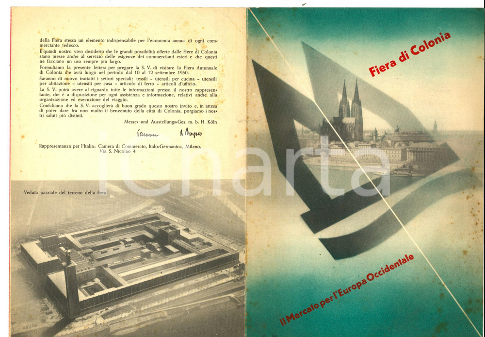 Materiale pubblicitario d’epoca 1950 FIERA DI COLONIA Mercato per l Europa Pieghevole pubblicitario ILLUSTRATO 1