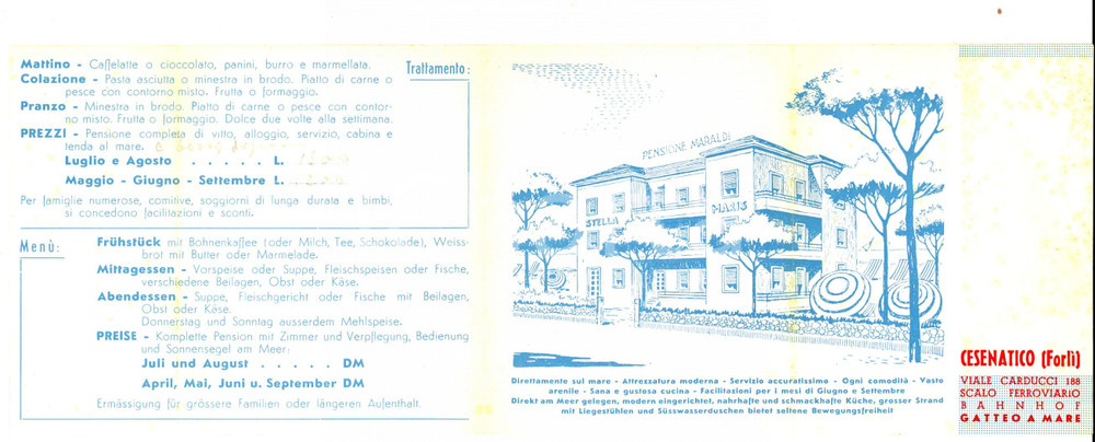 Materiale pubblicitario d’epoca 1950 ca CESENATICO Gatteo Mare Pensione MARALDI  STELLA MARIS  Dépliant 1