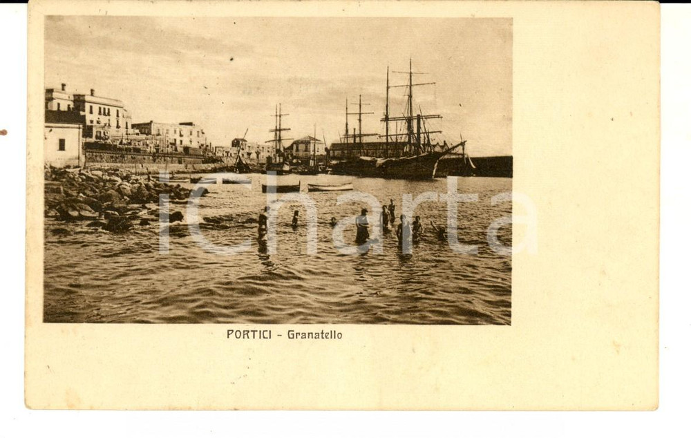 Cartolina originale da collezione 1922 PORTICI NA Granatello Cartolina ANIMATA ragazzi al bagno FP VG 1