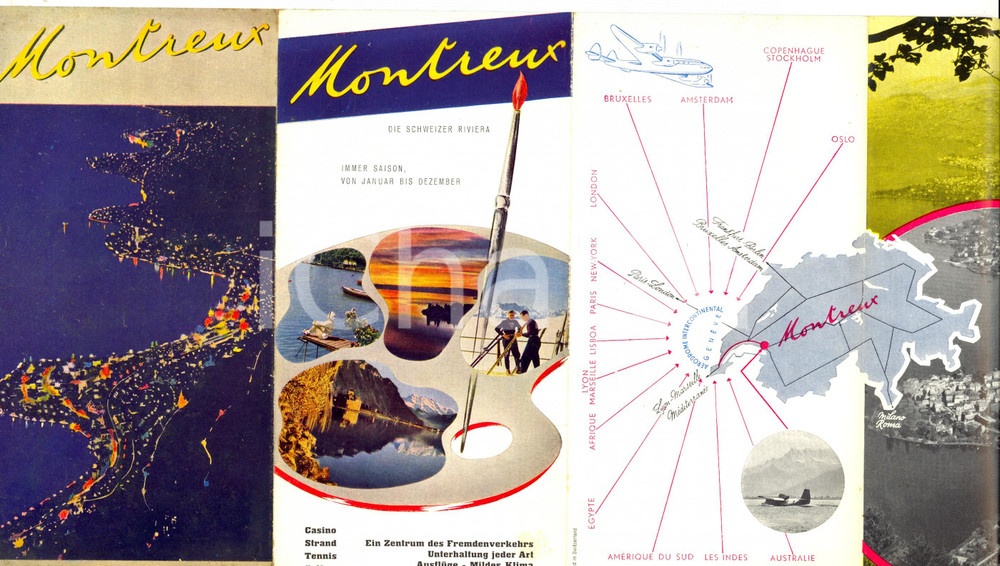 Materiale pubblicitario d’epoca 1950 ca SUISSE MONTREUX Pieghevole ILLUSTRATO con mappa TURISMO VINTAGE 1