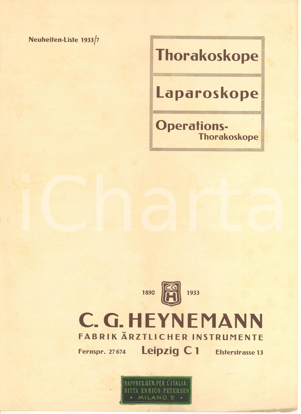 Materiale pubblicitario d’epoca 1933 LEIPZIG Ditta C. G. HEYNEMANN Toracoscopi  Laparoscopi Pubblicitario 1