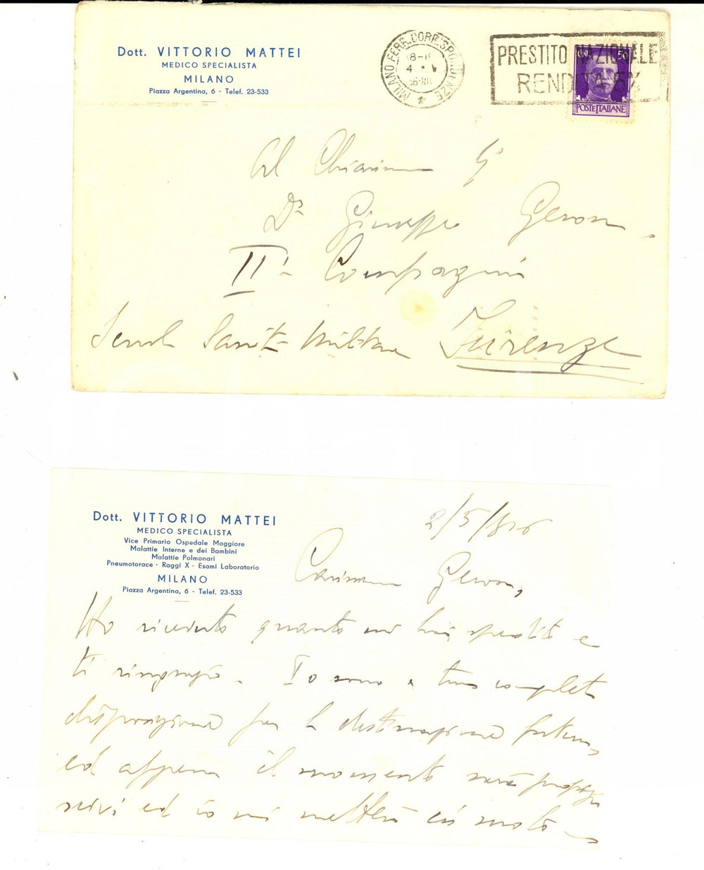 Autografo originale 1936 MILANO Primario medico Vittorio MATTEI Biglietto ringraziamenti AUTOGRAFO 1