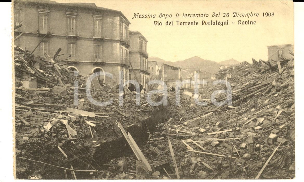 Cartolina originale da collezione 1908 MESSINA TERREMOTO Via del Torrente Portalegni  Rovine Cartolina ANIMATA 1