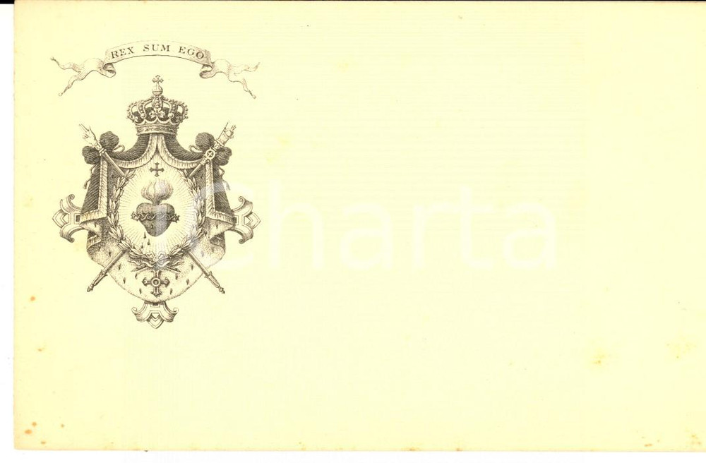 Oggetto da collezione cartaceo 1900 ca Biglietto CRISTO RE  Stemma Rex sum ego NON COMPILATO 14x9 cm 1