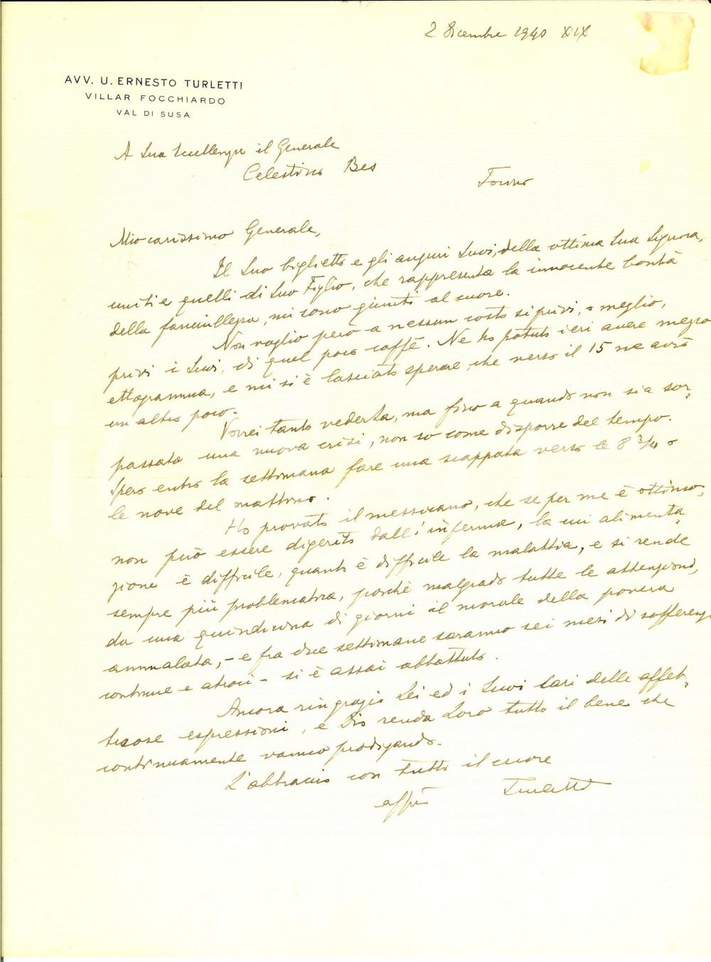 1940 WW2 VILLAR FOCCHIARDO (TO) Lettera avv. U. Ernesto TURLETTI privo di caffè