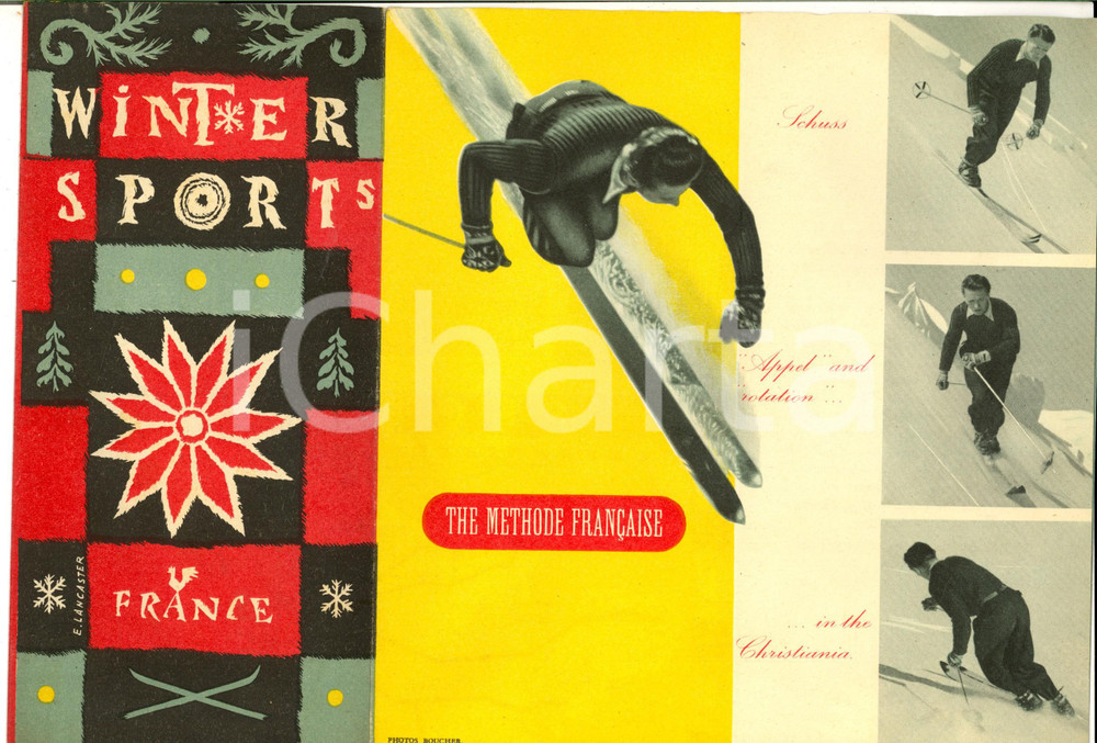 Materiale pubblicitario d’epoca 1950 ca FRANCE WINTER SPORT Pieghevole ILLUSTRATO  con mappa  SCI 1