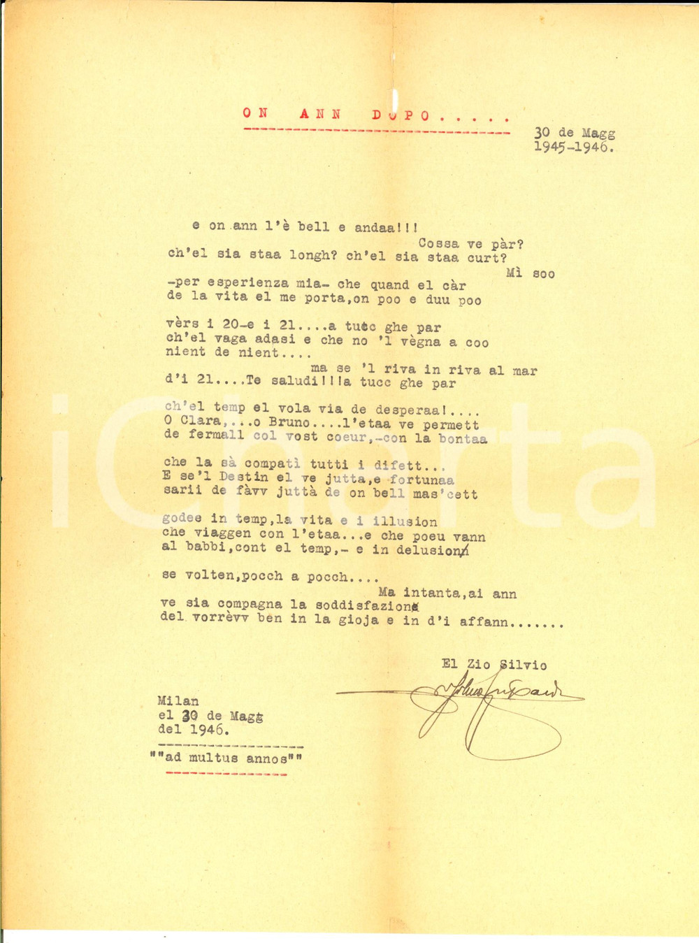 Manoscritto, lettera originale 1946 MILANO El Zio Silvio ON ANN DOPO... Poesia in dialetto milanese CURIOSA 1