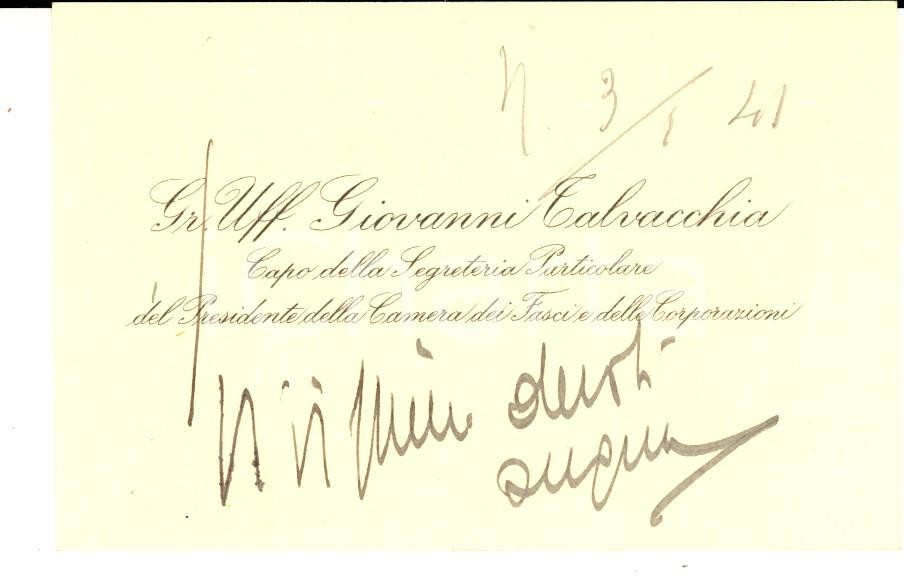 Oggetto da collezione cartaceo 1941 ROMA Biglietto da visita Giovanni TALVACCHIA Segreteria Camera dei Fasci 1