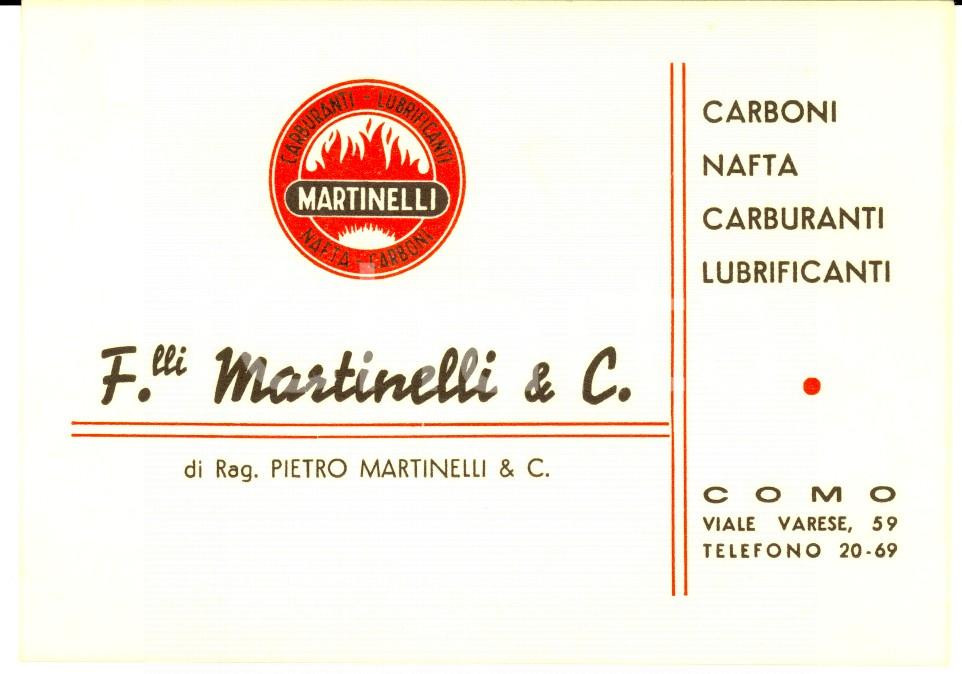 Materiale pubblicitario d’epoca 1950 COMO F.LLI MARTINELLI Carburanti  lubrificanti Cartoncino PUBBLICITARIO 1