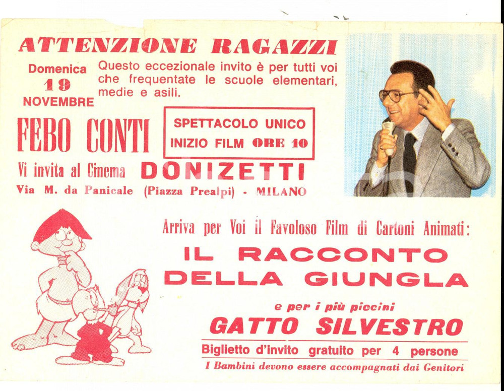 Manoscritto, lettera originale 1970 ca MILANO Febo CONTI invita al cinema DONIZETTI Volantino pubblicitario 1