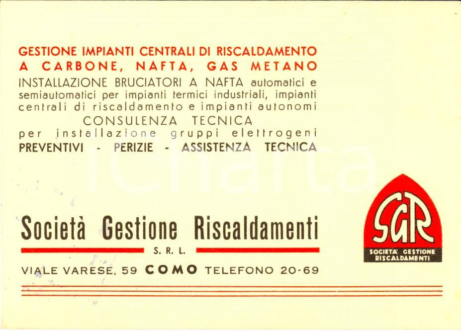 Materiale pubblicitario d’epoca 1950 COMO Viale Varese 59  Società Gestione Riscaldamenti Cartoncino 1