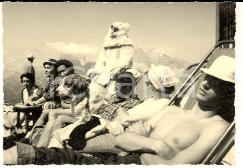Fotografia d epoca originale 1960 ca MONTE CRISTALLO BL Turisti con un finto orso Foto CURIOSA 10x7 cm 1