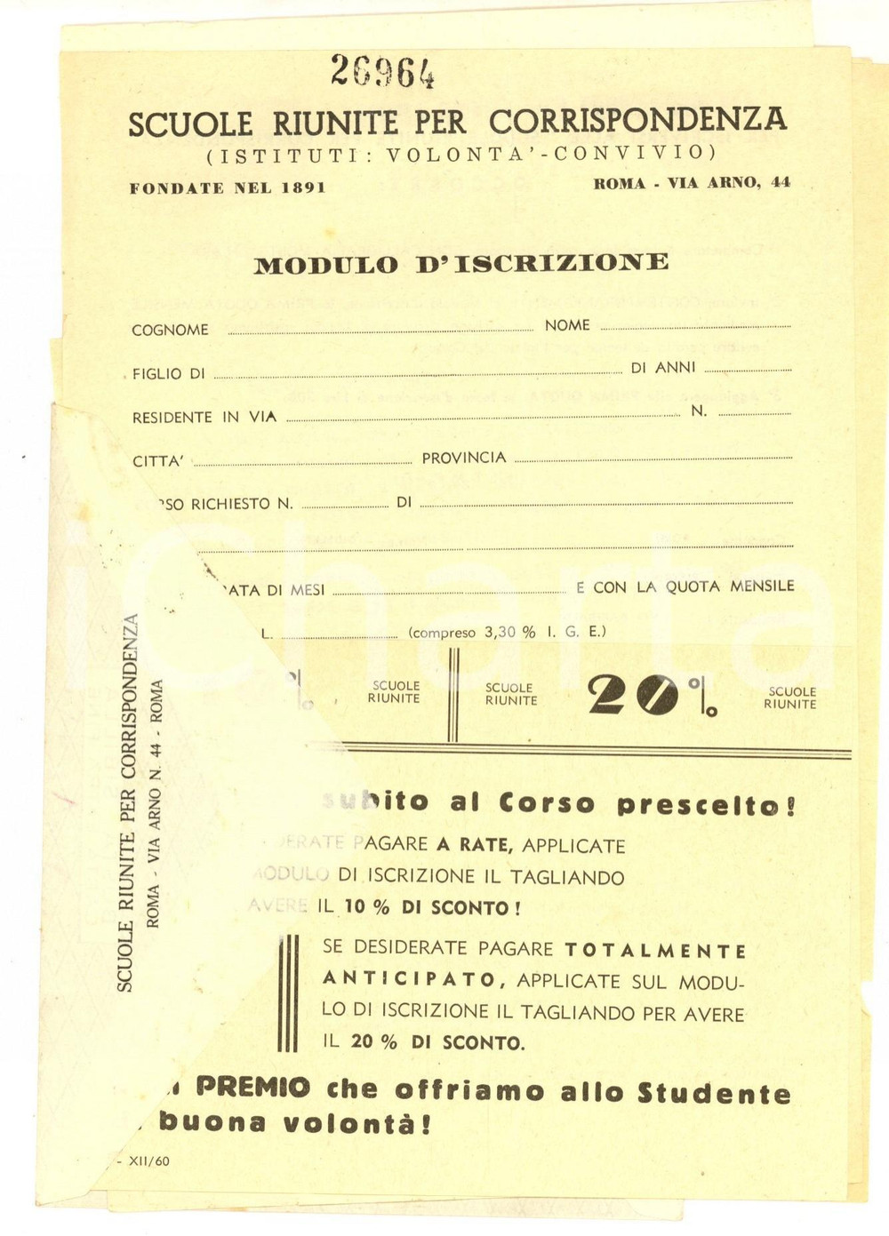 Materiale pubblicitario d’epoca 1960 ca ROMA Via Arno 44 Scuole Riunite per Corrispondenza  Moduli iscrizione 1