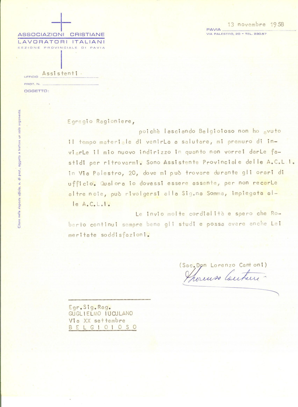 Manoscritto, lettera originale 1958 PAVIA Associazioni Cristiane Lavoratori Italiani  Lettera don CANTONI 1