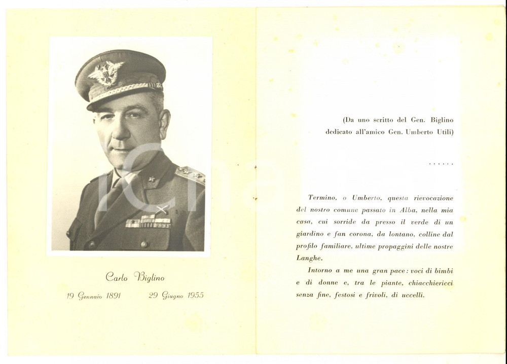 Documento originale, autentico 1955 ALBA CN Ricordo del gen. Carlo BIGLINO Pubblicazione 6 pp. con foto 1