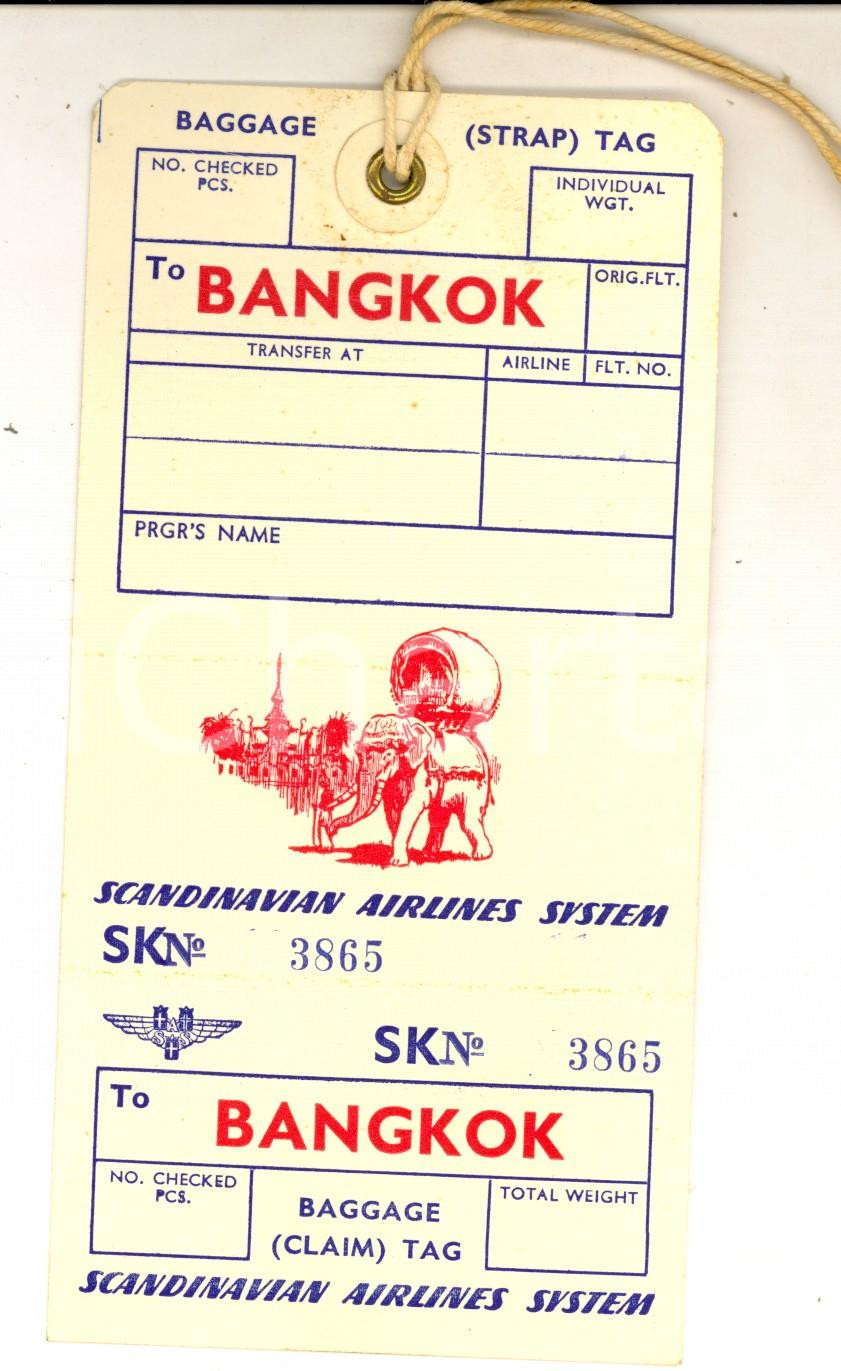 Materiale pubblicitario d’epoca 1970 ca SCANDINAVIAN AIRLINES SYSTEM Baggage check  Bangkok Etichetta bagagli 1