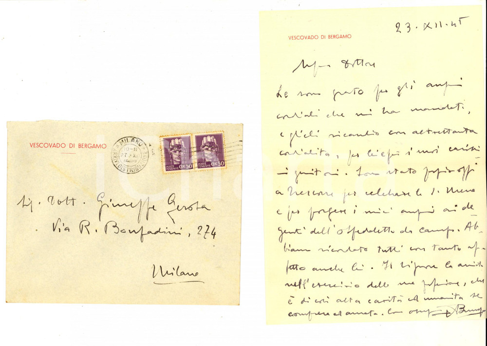 Autografo originale 1945 BERGAMO Ringraziamenti del vescovo mons. Adriano BERNAREGGI Autografo 1