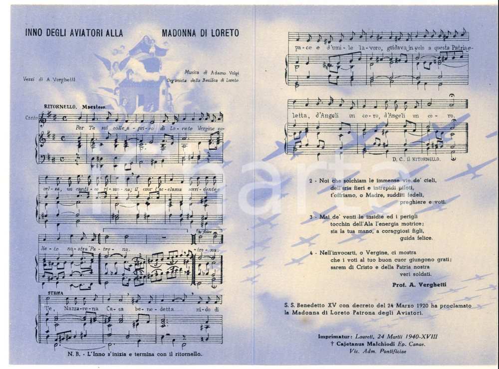 Cartolina originale da collezione 1940 MADONNA DI LORETO Inno degli aviatori Biglietto ILLUSTRATO con spartito 1