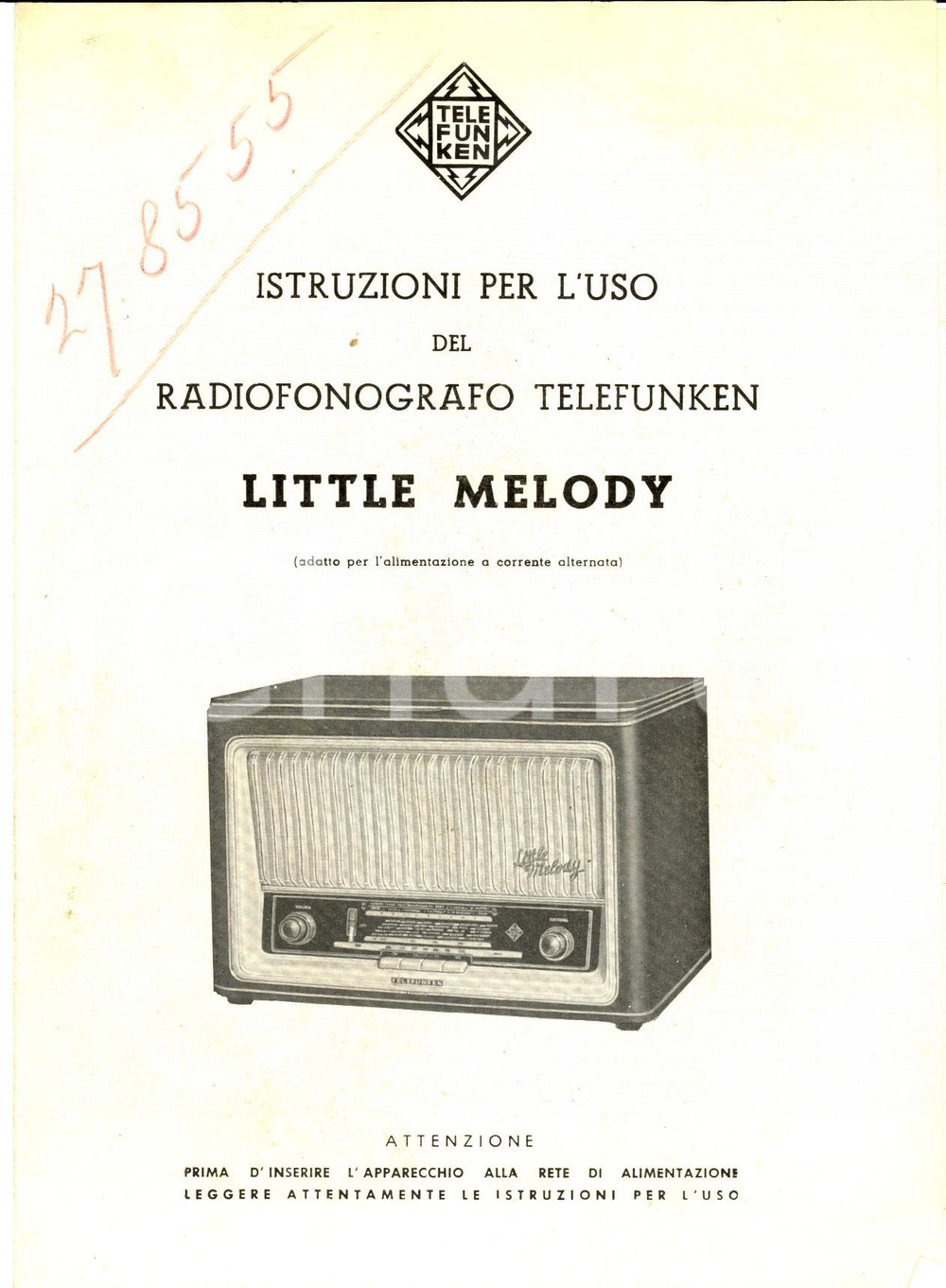 Materiale pubblicitario d’epoca 1958 MILANO Radiofonografo TELEFUNKEN LITTLE MELODY Volantino ILLUSTRATO 1