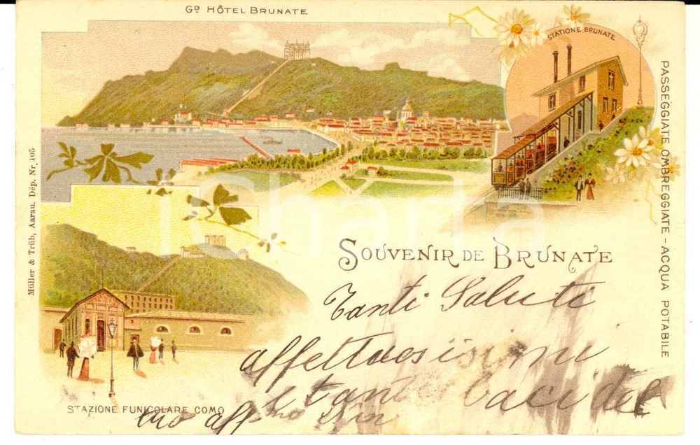 Cartolina originale da collezione 1900 ca BRUNATE Vedutine con Hotel BRUNATE e funicolare Cartolina ILLUSTRATA 1