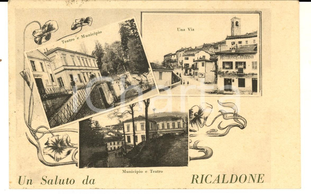 Cartolina originale da collezione 1934 RICALDONE AL Vedutine con teatro e municipio Cartolina postale FP NV 1