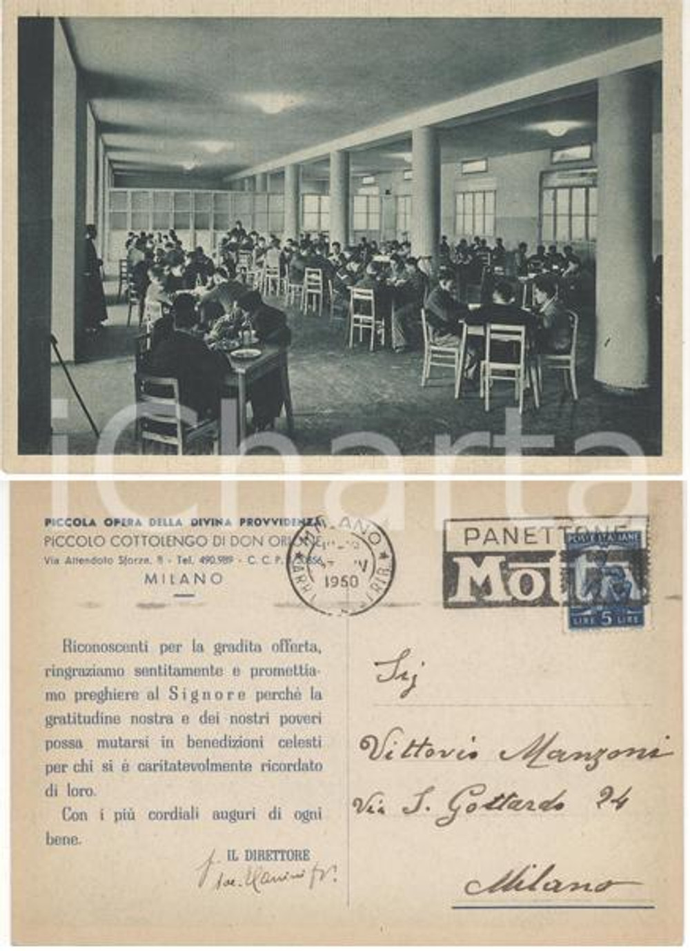 Cartolina originale da collezione 1950 MILANO Piccolo COTTOLENGO Refezione Cartolina don Eugenio Fausto CANINI 1