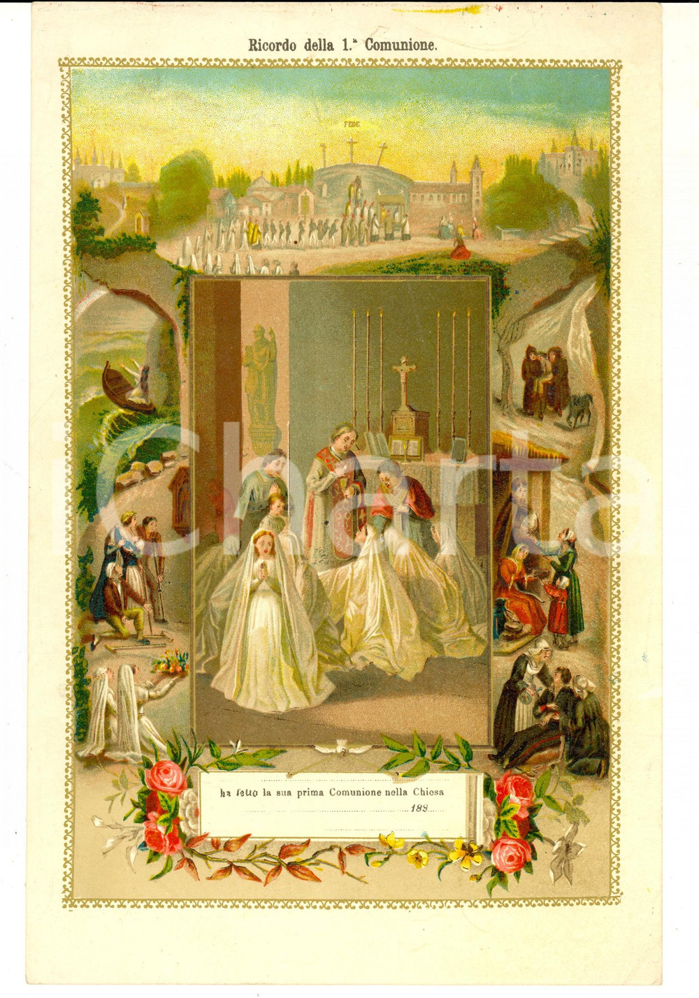 Documento originale, autentico 1890 ca AREA LOMBARDA Ricordo della Prima Comunione Bambine 18x24 cm 1