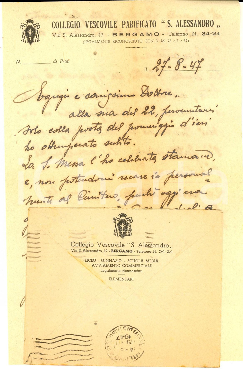 Manoscritto, lettera originale 1947 BERGAMO Collegio Vescovile S. ALESSANDRO  Lettera di un insegnante 1
