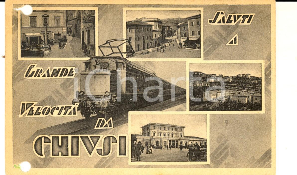 Cartolina originale da collezione 1940 CHIUSI SI Vedutine con treno Cartolina ANIMATA DANNEGGIATA FP 1