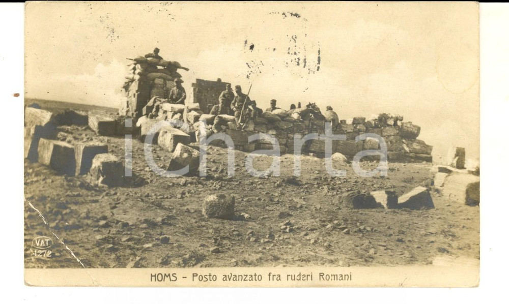 Cartolina originale da collezione 1912 HOMS LIBIA Posto avanzato fra ruderi romani Cartolina ANIMATA soldati FP 1