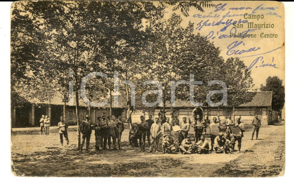 Cartolina originale da collezione 1914 SAN MAURIZIO CANAVESE Campo militare  Padiglione centro Cartolina ANIMATA 1