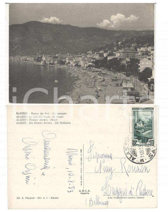 Cartolina originale da collezione 1953 ALASSIO SV Veduta della spiaggia Cartolina Annamaria e Orsino ORSINI FG 1