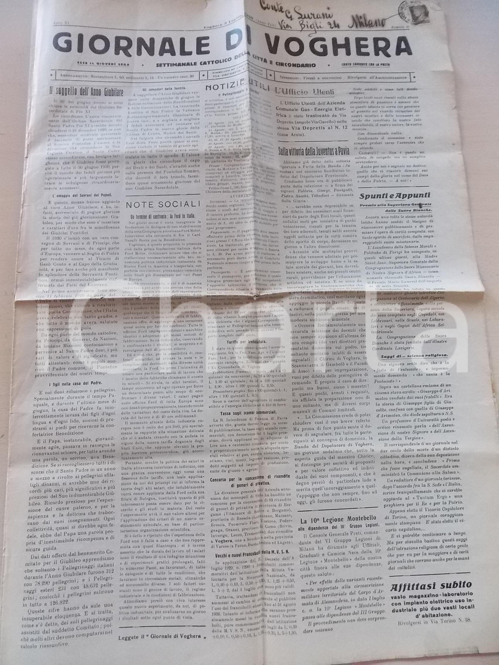 Giornale, rivista storica 1930 GIORNALE DI VOGHERA Chiusura giubileo di Pio XI Settimanale cattolico 1