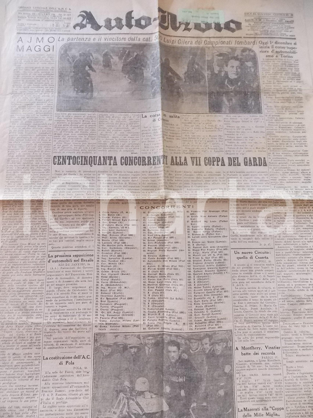 Giornale, rivista storica 1927 AUTOMOTO VII Coppa del Garda  Luigi GILERA vincitore cat. 500 Giornale 1